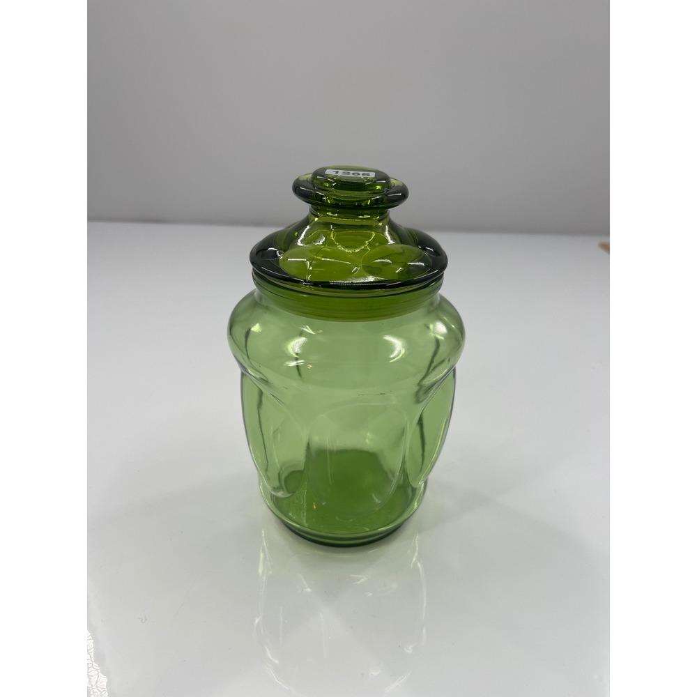 Vintage Anchor Hocking Fairfield Green Glass Apothecary Jar W/Lid 6.5 Inch